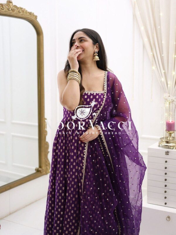 Buy Jacquard Silk Suit Set with Butterfly Net Dupatta & Lace Detailing - Image 3