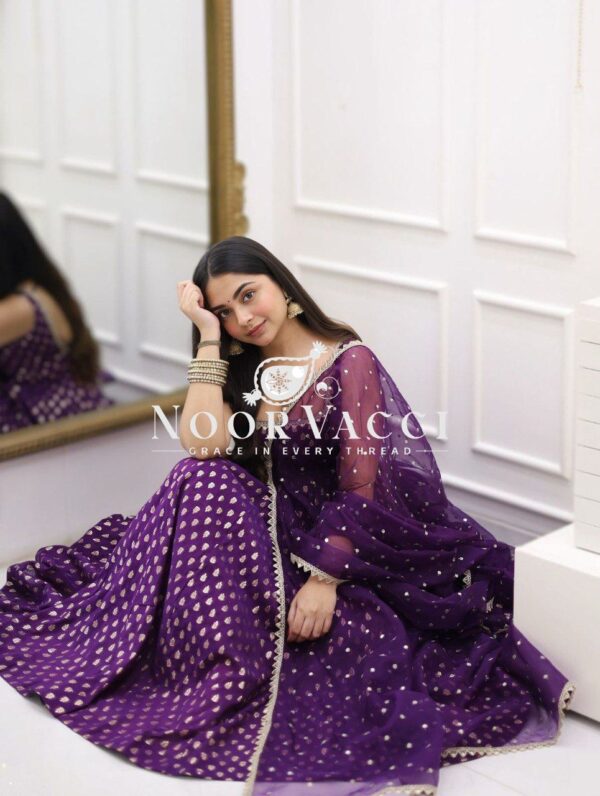 Buy Jacquard Silk Suit Set with Butterfly Net Dupatta & Lace Detailing - Image 4