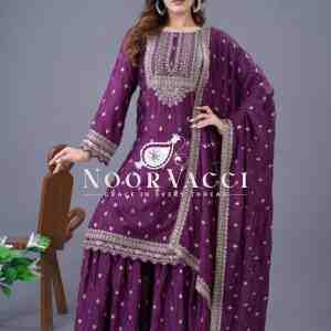 Designer Chinon Silk Top-Sharara & Dupatta Set with Embroidery Work