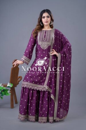 Shop Designer Chinon Silk Top-Sharara & Dupatta Set with Embroidery Work