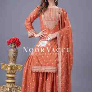 Designer Chinon Silk Top-Sharara & Dupatta Set with Embroidery Work