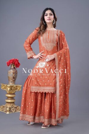 Shop Designer Chinon Silk Top-Sharara & Dupatta Set with Embroidery Work