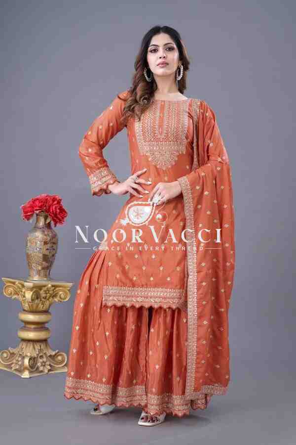 Designer Chinon Silk Top-Sharara & Dupatta Set with Embroidery Work