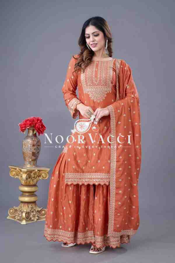Designer Chinon Silk Top-Sharara & Dupatta Set with Embroidery Work - Image 2