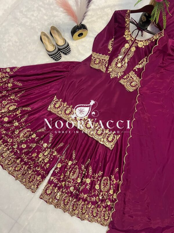 Shop Natural Crepe Silk Embroidered Top with Sharara Plazo & Dupatta - Image 6