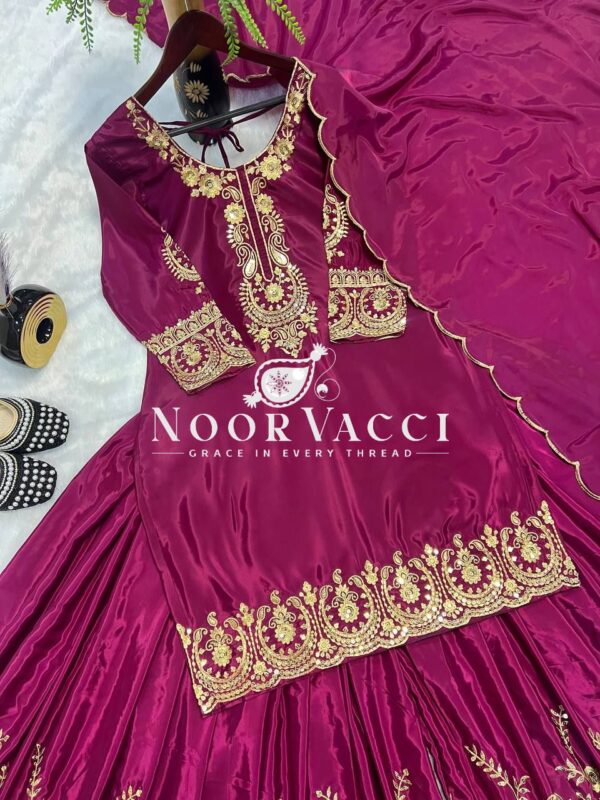 Shop Natural Crepe Silk Embroidered Top with Sharara Plazo & Dupatta - Image 7