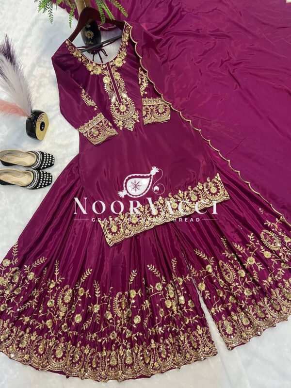 Shop Natural Crepe Silk Embroidered Top with Sharara Plazo & Dupatta - Image 8