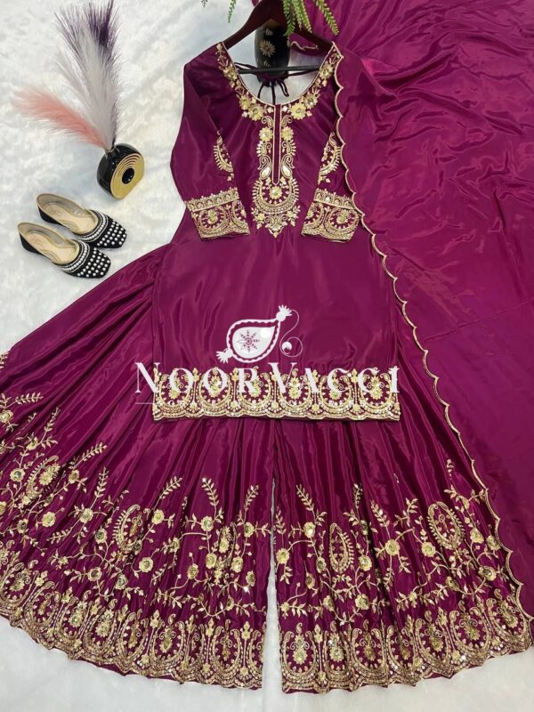 Shop Natural Crepe Silk Embroidered Top with Sharara Plazo & Dupatta - Image 9