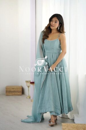 Buy Crunch Silk Anarkali Suit Set with Hotfix Work & Lace Dupatta