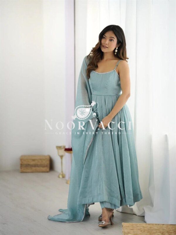 Buy Crunch Silk Anarkali Suit Set with Hotfix Work & Lace Dupatta