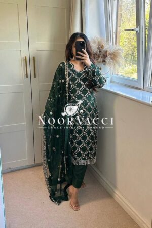 Buy Faux Georgette Embroidered Long Top with Pant & Dupatta Set