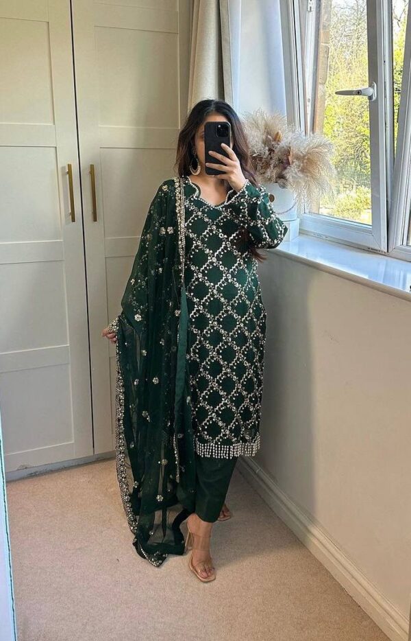 Buy Faux Georgette Embroidered Long Top with Pant & Dupatta Set