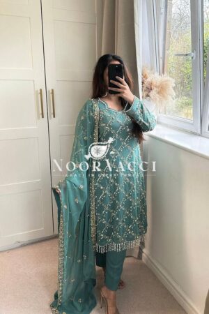 Shop Faux Georgette Embroidered Long Top with Pant & Dupatta Set