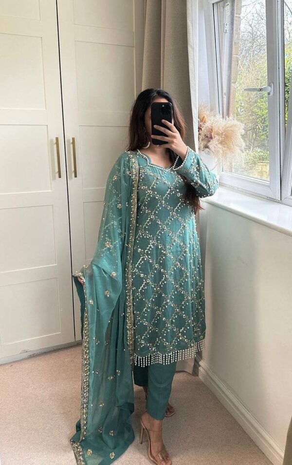 Shop Faux Georgette Embroidered Long Top with Pant & Dupatta Set