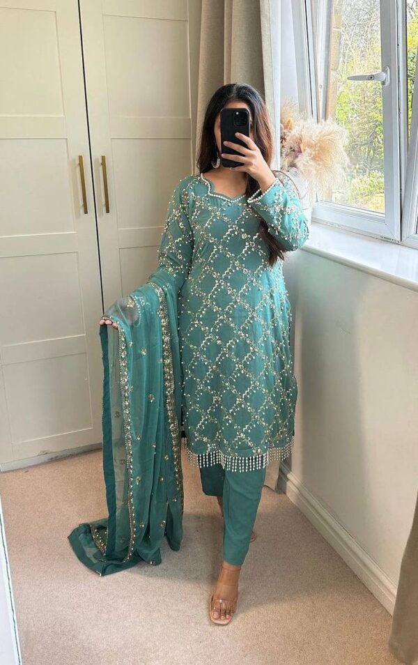 Shop Faux Georgette Embroidered Long Top with Pant & Dupatta Set - Image 2