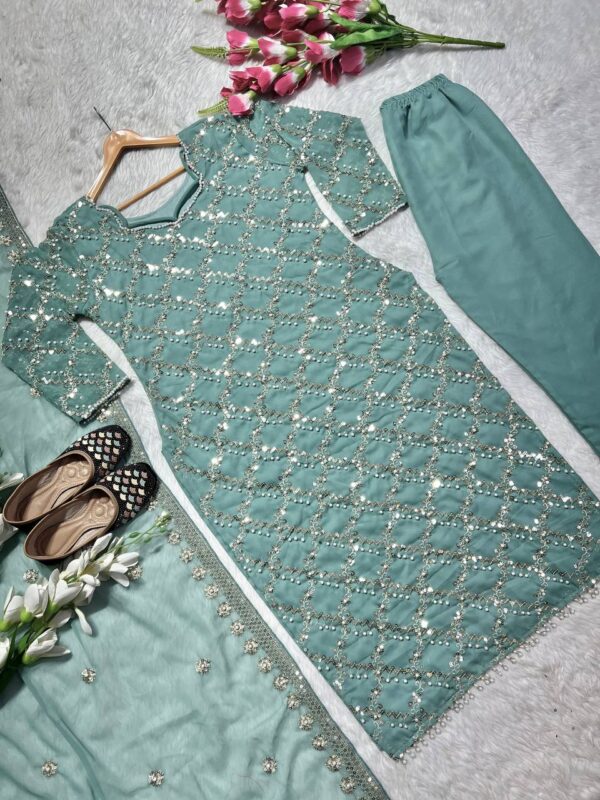 Shop Faux Georgette Embroidered Long Top with Pant & Dupatta Set - Image 3