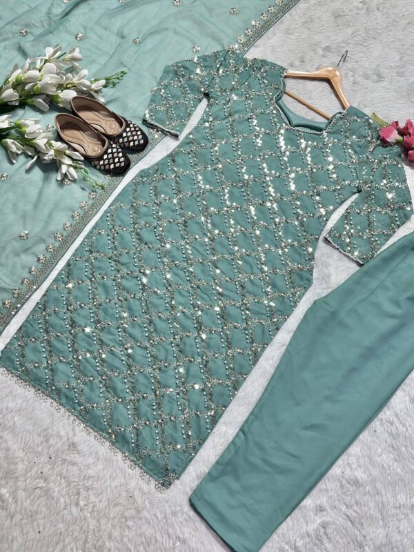 Shop Faux Georgette Embroidered Long Top with Pant & Dupatta Set - Image 4