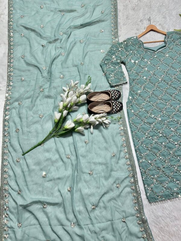 Shop Faux Georgette Embroidered Long Top with Pant & Dupatta Set - Image 5