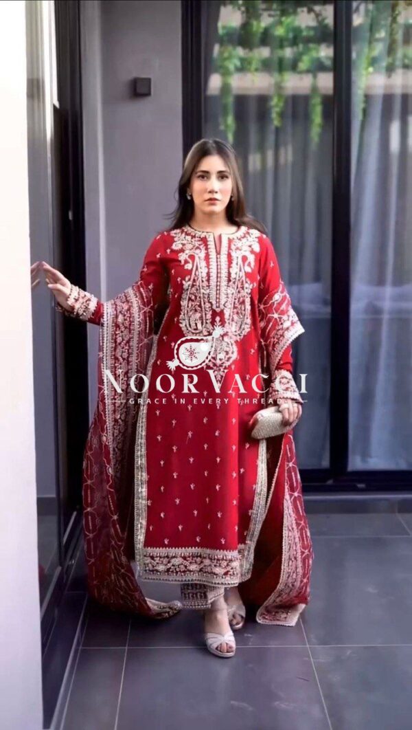 Buy Roman Silk Designer Suit with Plazo & Faux Georgette Dupatta - Image 4