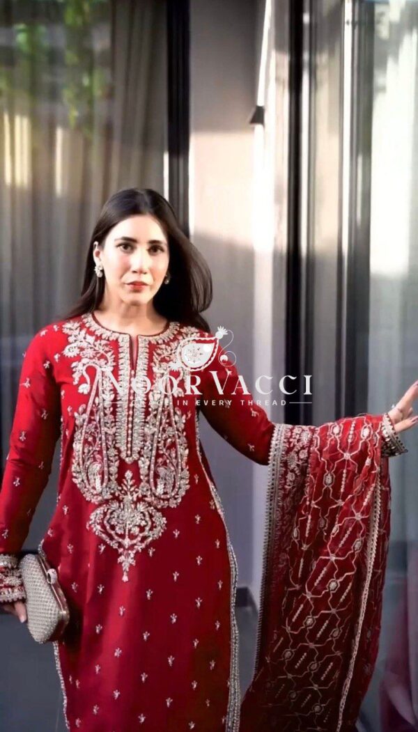 Buy Roman Silk Designer Suit with Plazo & Faux Georgette Dupatta - Image 2
