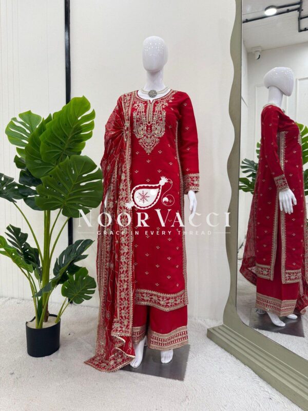 Buy Roman Silk Designer Suit with Plazo & Faux Georgette Dupatta - Image 7