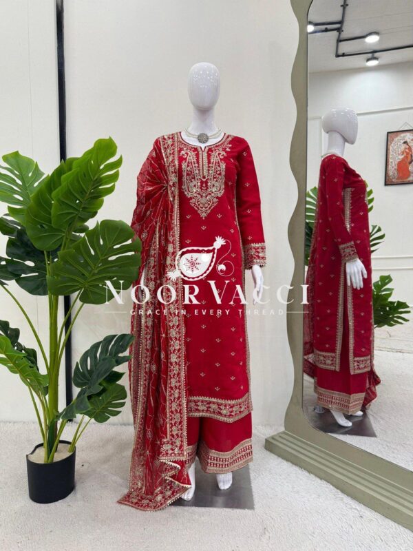 Buy Roman Silk Designer Suit with Plazo & Faux Georgette Dupatta - Image 8