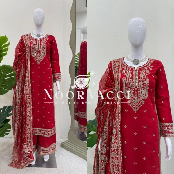 Buy Roman Silk Designer Suit with Plazo & Faux Georgette Dupatta - Image 9