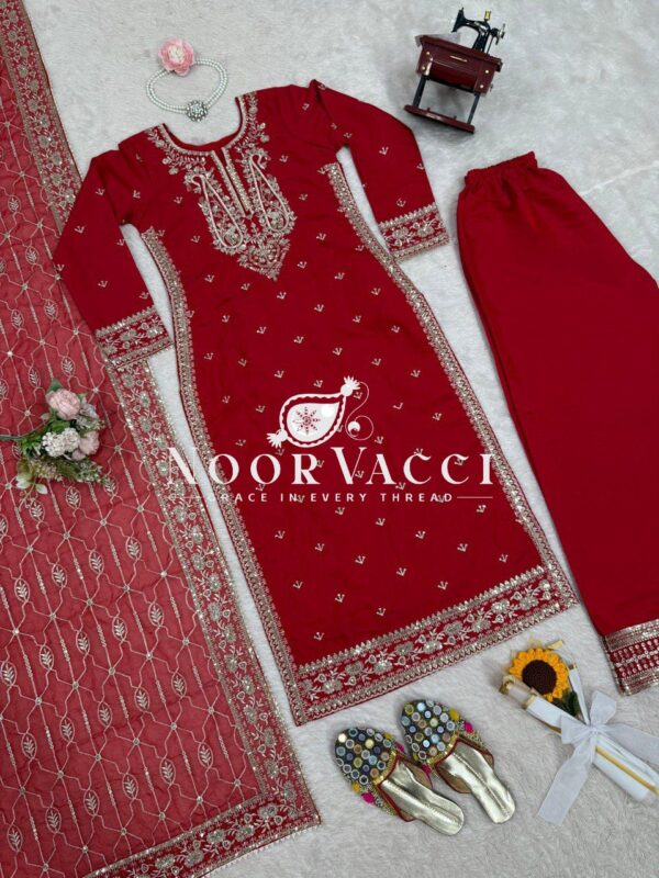 Buy Roman Silk Designer Suit with Plazo & Faux Georgette Dupatta - Image 10