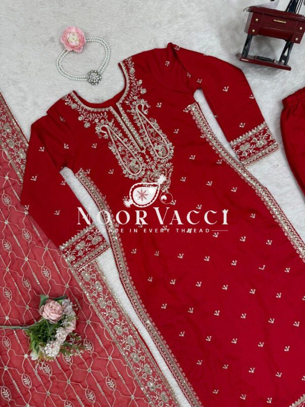 Buy Roman Silk Designer Suit with Plazo & Faux Georgette Dupatta - Image 11