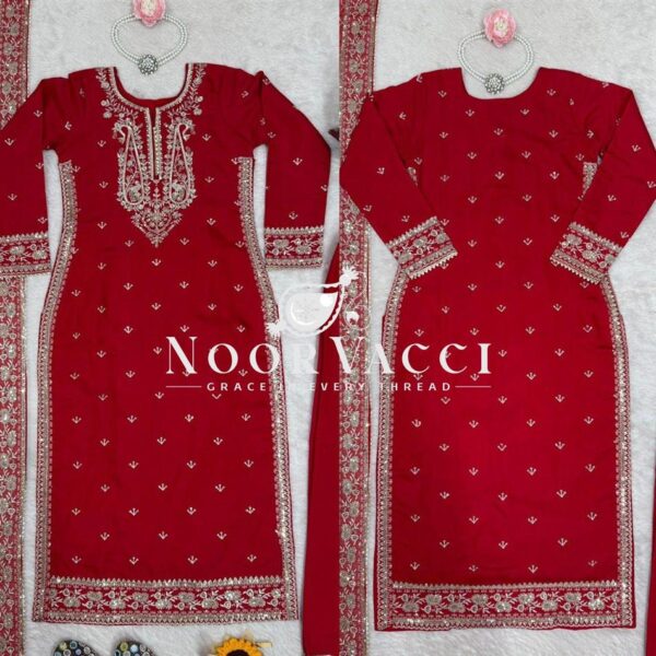 Buy Roman Silk Designer Suit with Plazo & Faux Georgette Dupatta - Image 12