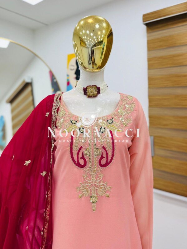 Shop Fox Georgette Codding Sequence Embroidered Top with Palazzo & Dupatta Set - Image 7