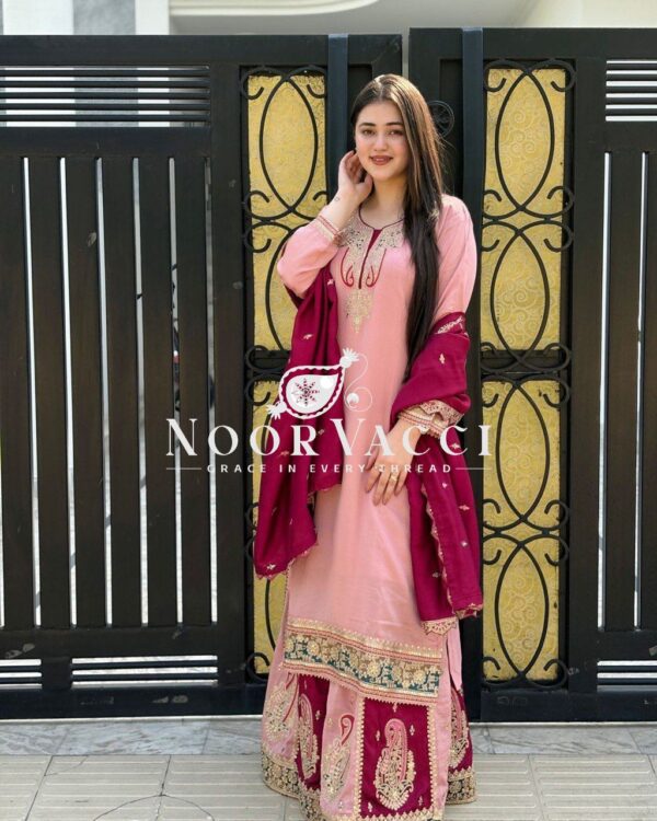 Shop Fox Georgette Codding Sequence Embroidered Top with Palazzo & Dupatta Set - Image 8