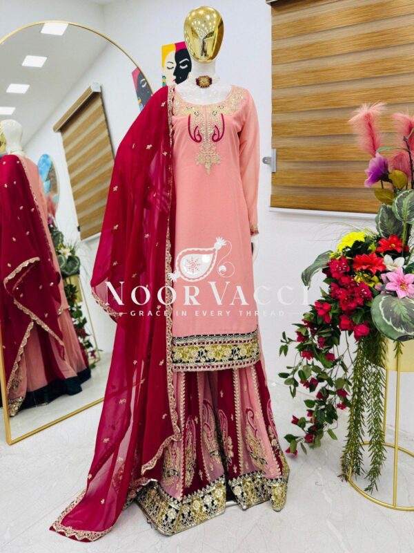 Shop Fox Georgette Codding Sequence Embroidered Top with Palazzo & Dupatta Set - Image 9