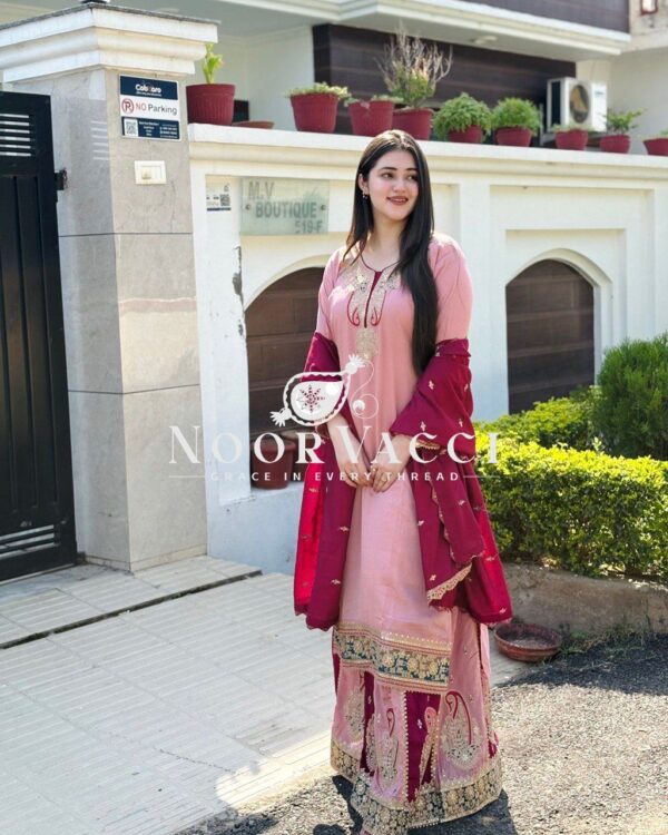 Shop Fox Georgette Codding Sequence Embroidered Top with Palazzo & Dupatta Set - Image 2