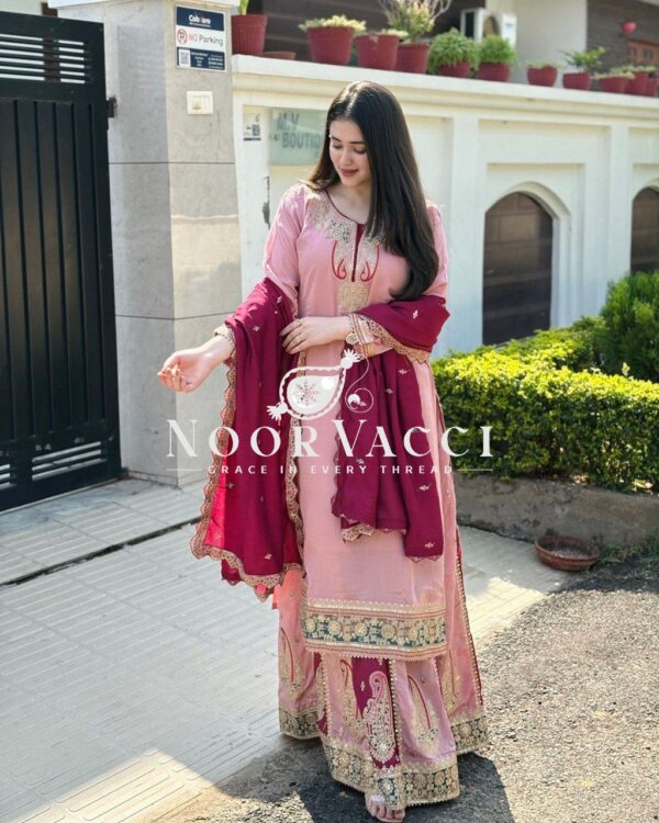 Shop Fox Georgette Codding Sequence Embroidered Top with Palazzo & Dupatta Set - Image 3