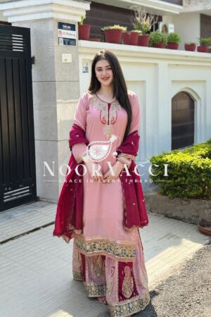 Shop Fox Georgette Codding Sequence Embroidered Top with Palazzo & Dupatta Set