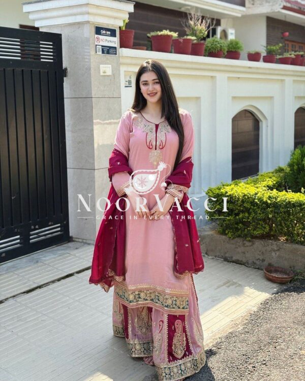 Shop Fox Georgette Codding Sequence Embroidered Top with Palazzo & Dupatta Set