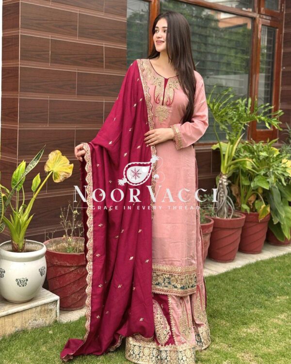 Shop Fox Georgette Codding Sequence Embroidered Top with Palazzo & Dupatta Set - Image 4