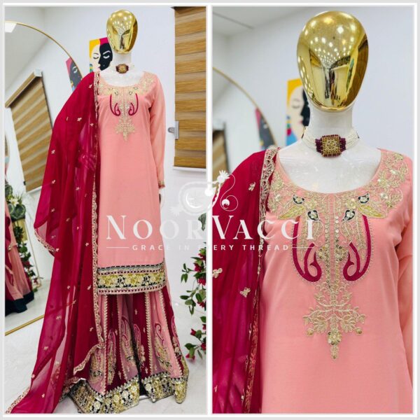 Shop Fox Georgette Codding Sequence Embroidered Top with Palazzo & Dupatta Set - Image 5