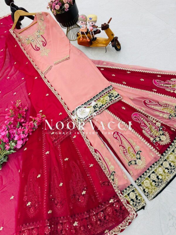 Shop Fox Georgette Codding Sequence Embroidered Top with Palazzo & Dupatta Set - Image 11