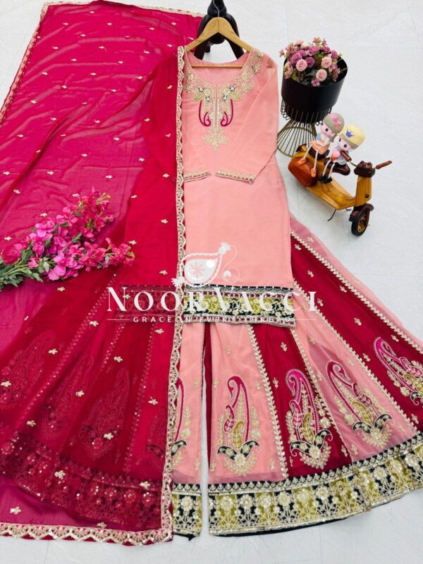 Shop Fox Georgette Codding Sequence Embroidered Top with Palazzo & Dupatta Set - Image 12