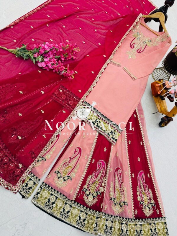 Shop Fox Georgette Codding Sequence Embroidered Top with Palazzo & Dupatta Set - Image 6