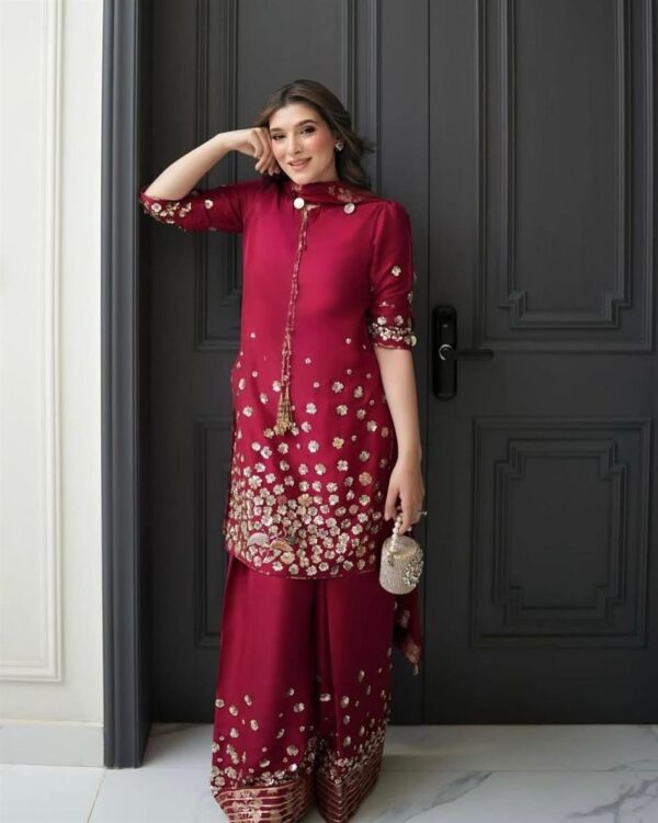 Buy Roman Silk Embroidered Farshi Salwar with Dupatta Set - Image 9