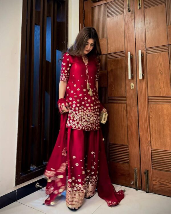 Buy Roman Silk Embroidered Farshi Salwar with Dupatta Set - Image 4