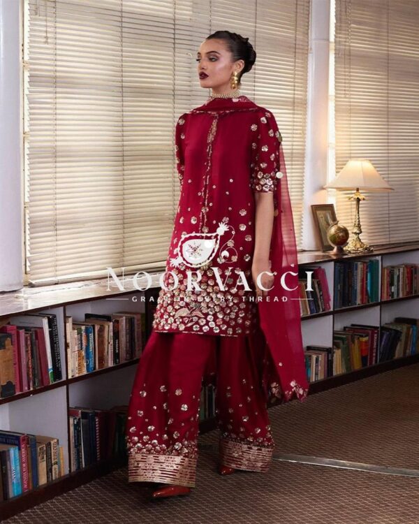 Buy Roman Silk Embroidered Farshi Salwar with Dupatta Set - Image 5