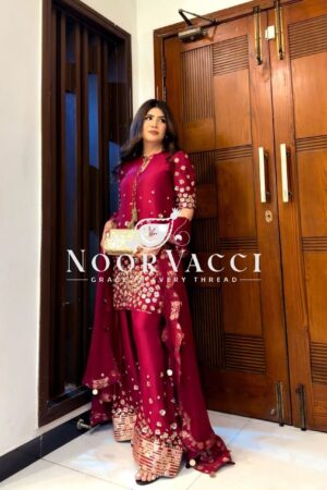 Buy Roman Silk Embroidered Farshi Salwar with Dupatta Set