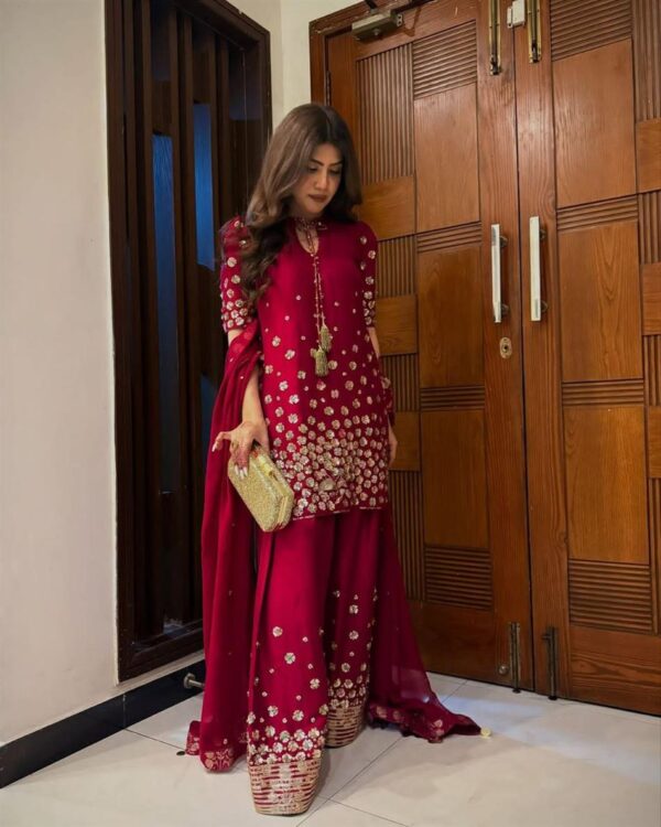 Buy Roman Silk Embroidered Farshi Salwar with Dupatta Set - Image 8