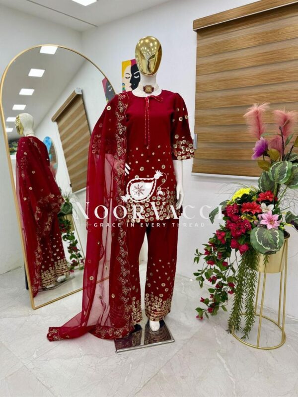 Buy Roman Silk Embroidered Farshi Salwar with Dupatta Set - Image 3