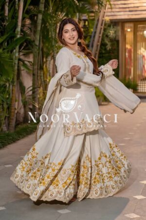 Shop Natural Crepe Silk Embroidered Top with Sharara Plazo & Dupatta
