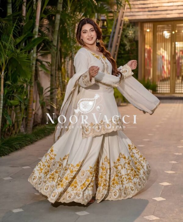 Shop Natural Crepe Silk Embroidered Top with Sharara Plazo & Dupatta